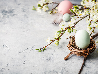 Easter composition on grey concrete backgrount, copy space