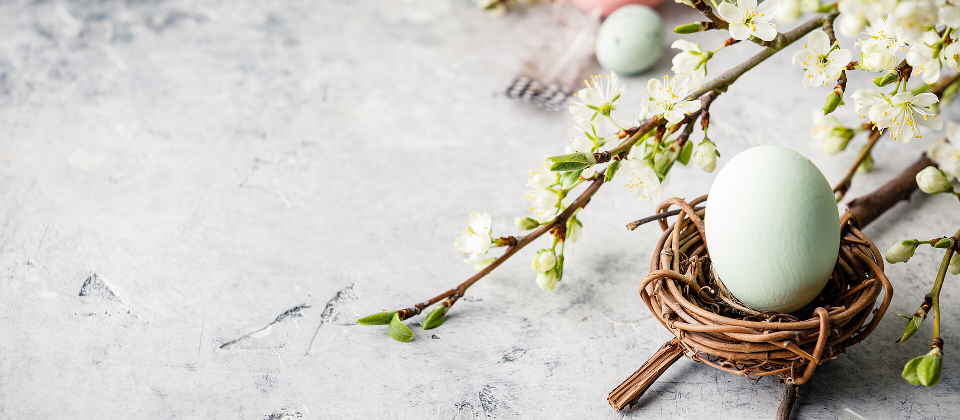 Easter composition on grey concrete backgrount, copy space
