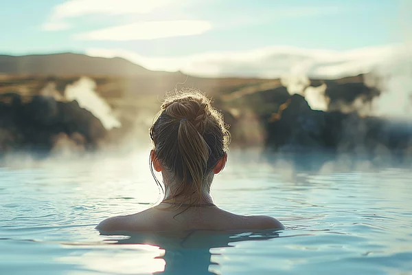 Young woman enjoying spa in hot springs in iceland